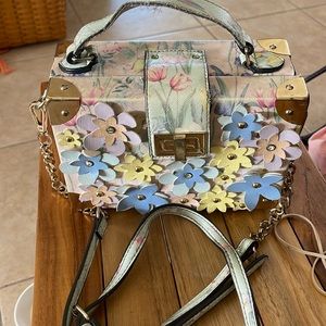 Also Faux Leather Crossbody Floral Print Satchel Bag Chain Strap